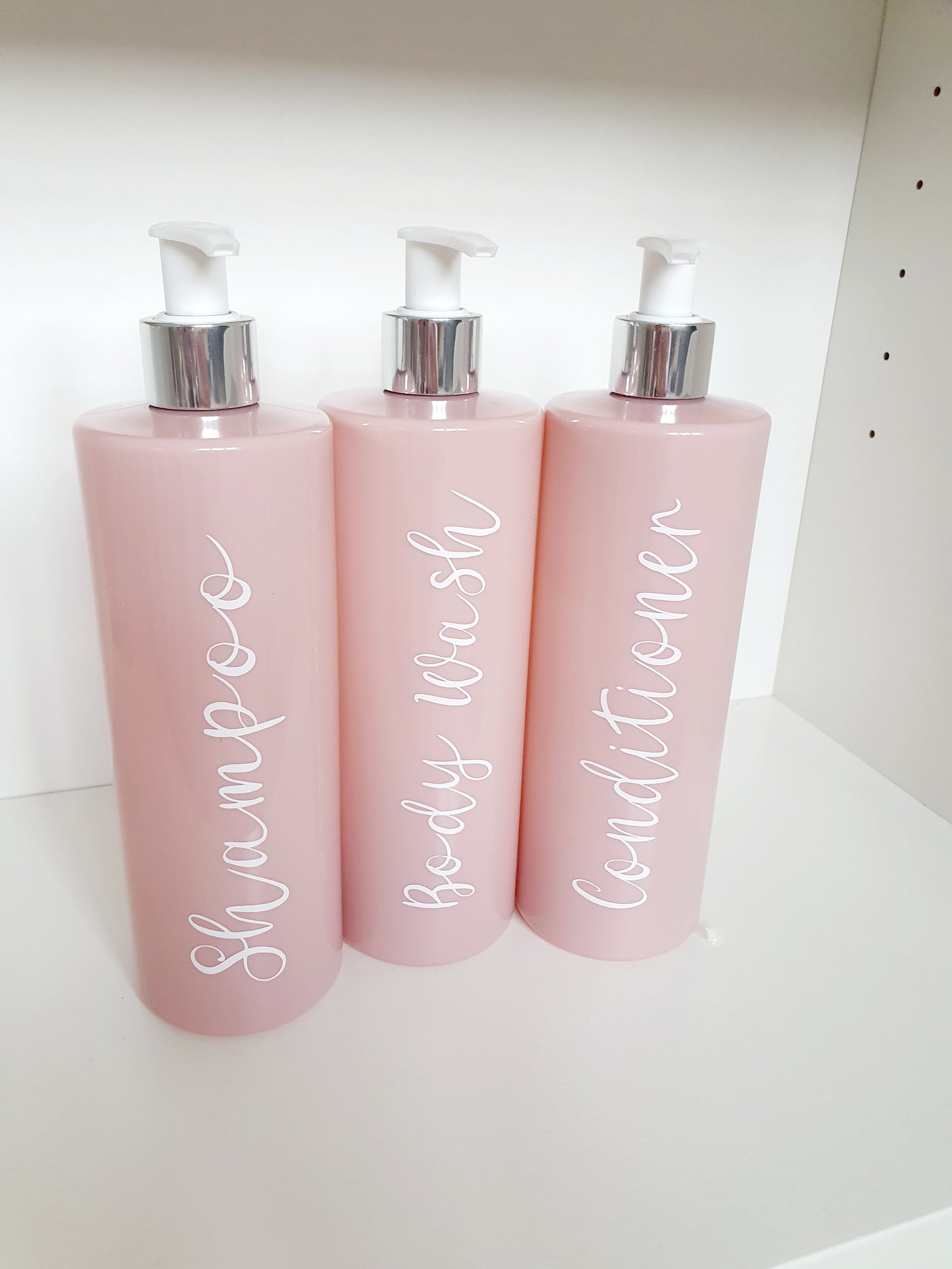 Personalised 500ml Pink Pump Bottles with a Silver Pump