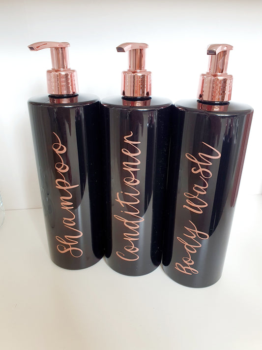 Personalised 500ml Black Pump Bottles with a Rose Gold Pump