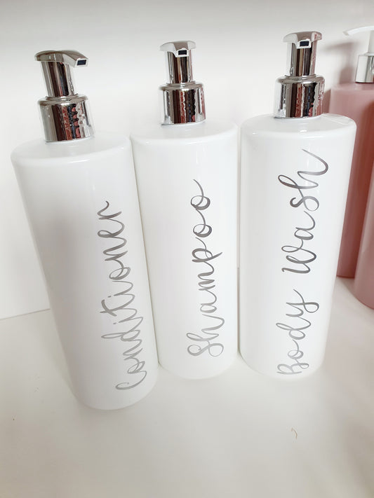 Personalised 500ml White Pump Bottles with a Silver Pump