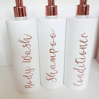 Personalised 500ml White Pump Bottles with a Rose Gold Pump